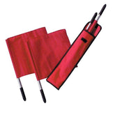 A pair of red soccer flags featuring black handles, displayed side by side.